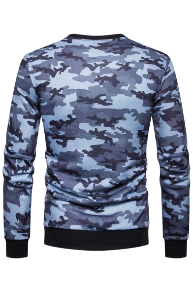 Camouflage Letter Printed Round Neck Long Sleeve Slim Sweatshirt
