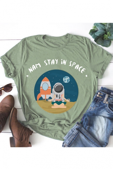 Cartoon Astronaut STAY IN SPACE Letter Printed Round Neck Short Sleeve T-Shirt