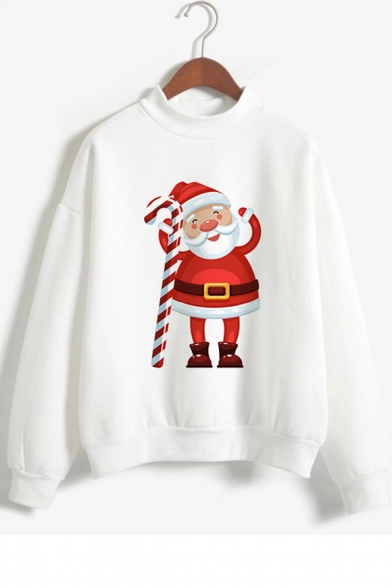 Cartoon Santa Claus Printed Mock Neck Long Sleeve Sweatshirt