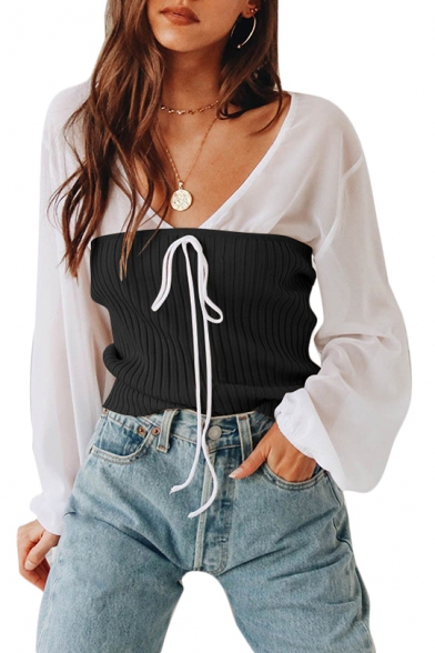 Chic Two Pieces Tie Front V Neck Long Sleeve Top with Bandeau