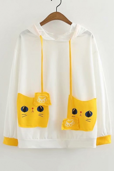 Color Block Cat Printed Pockets Patched Front Long Sleeve Hoodie