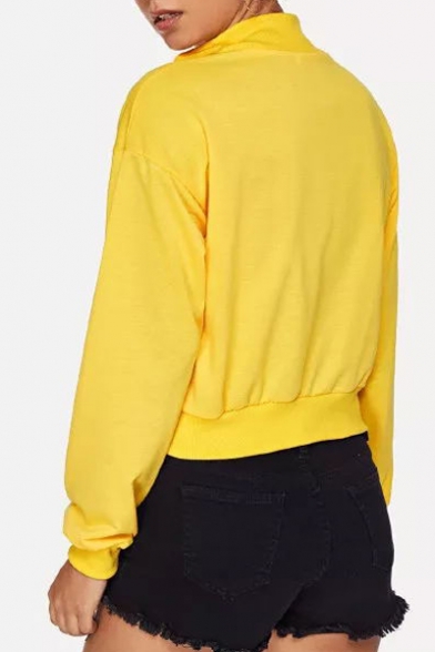 Contrast Monochrome Printed Zipper Front Stand Up Collar Long Sleeve Crop Sweatshirt