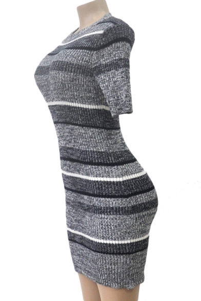 Contrast Striped Pattern Round Neck Short Sleeve Mini Bodycon Knit Dress