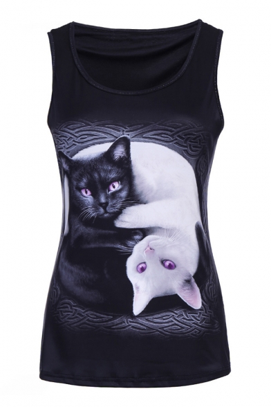 Cool Cat Printed Round Neck Sleeveless Slim Tank