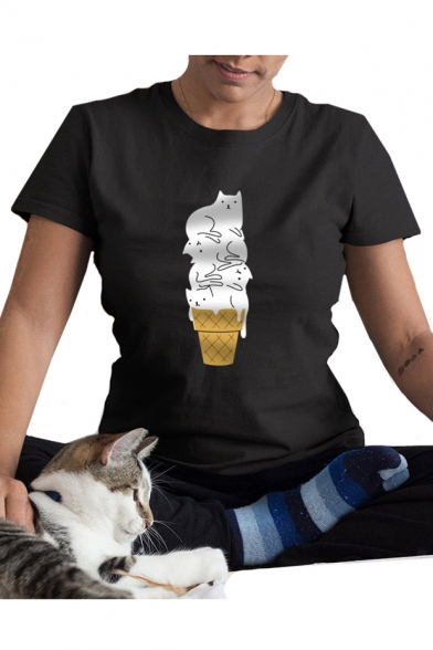 Cute Ice Cream Cat Printed Round Neck Short Sleeve T-Shirt