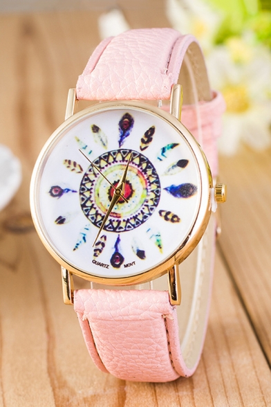 Feather Pattern Leather Band Quartz Leisure Watch