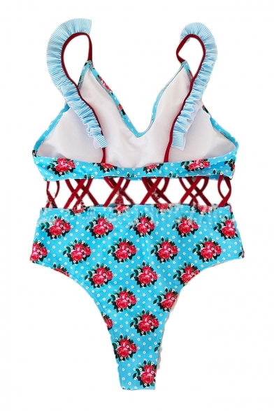 Floral Printed Cross Hollow Out Waist One Piece Swimwear