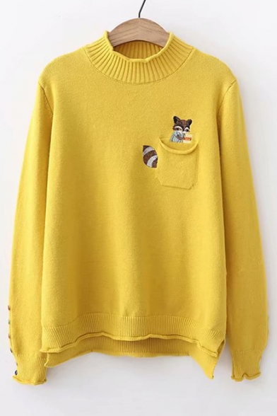 Fox Embroidered Pocket Round Neck Long Sleeve Dip Hem Sweater