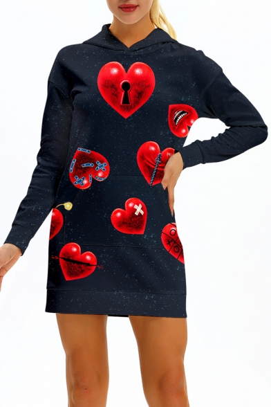 Heart Printed Long Sleeve Slim Mini Hooded Dress
