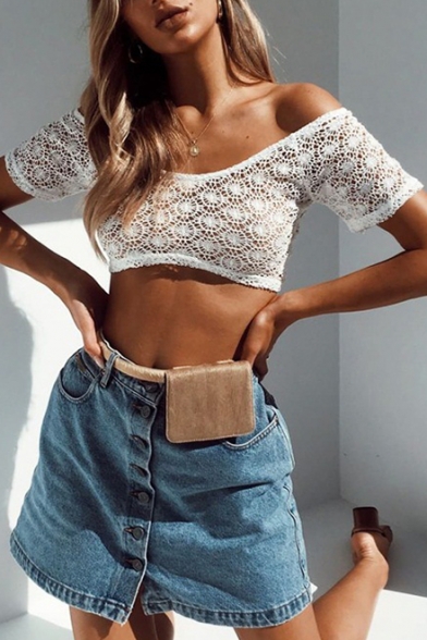 Hollow Out Off The Shoulder Short Sleeve Sheer Crop Blouse