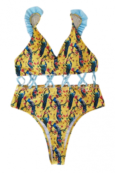 Hollow Out Waist Peacock Floral Printed One Piece Swimwear