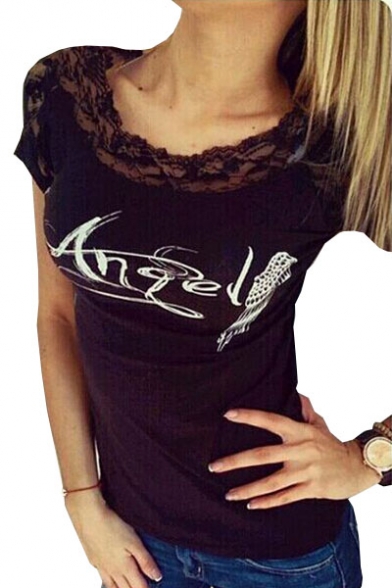Lace Insert Wing Letter Printed Hollow Out Back Short Sleeve Round Neck Tee