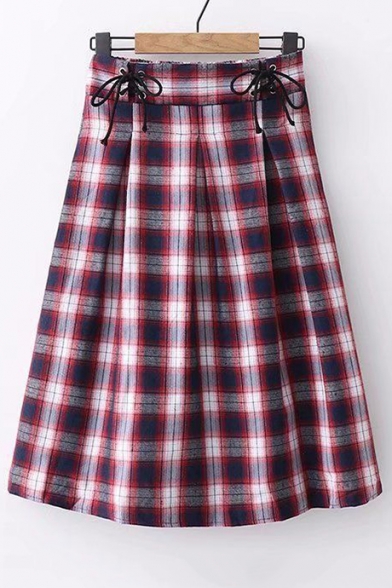 Lace Up Detail Waist Plaid Printed Pleated Front Midi A-Line Skirt