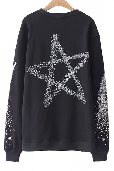 Lace Up Front Star Printed Round Neck Long Sleeve Sweatshirt