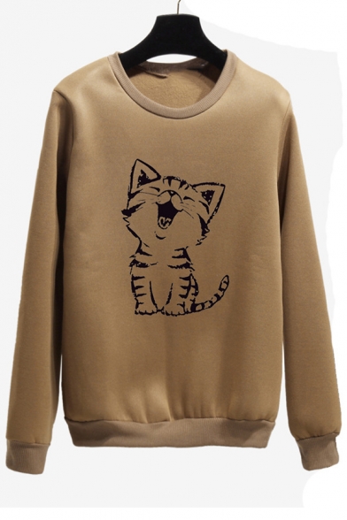 Lovely Cat Printed Long Sleeve Round Neck Leisure Pullover Sweatshirt