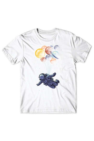 Planet Balloon Astronaut Printed Round Neck Short Sleeve T-Shirt
