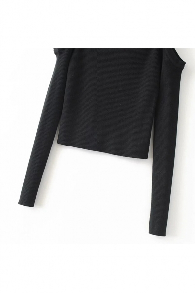Round Neck Cold Shoulder Long Sleeve Plain Crop Sweater