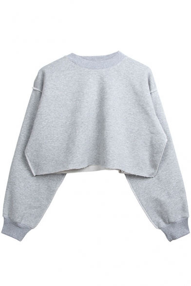 Round Neck Long Sleeve Plain Raw Edge Crop Sweatshirt