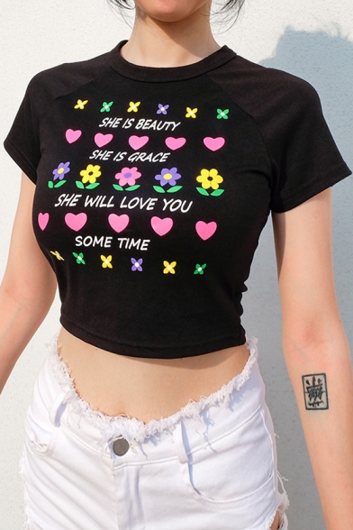 SHE IS BEAUTY Letter Graphic Printed Round Neck Short Sleeve Crop Tee