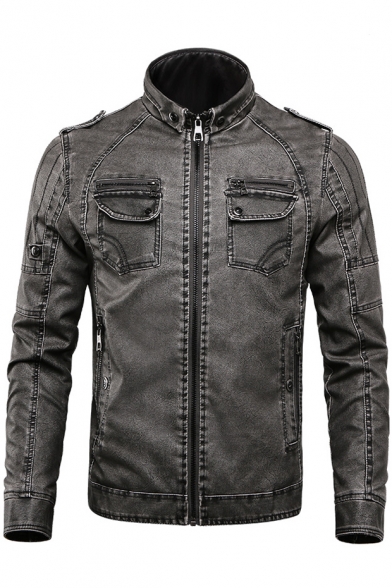 Stand Collar Long Sleeve Zip Up Slim Leather Jacket