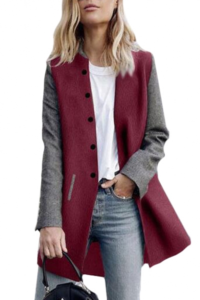 Stand Up Collar Long Sleeve Single Breasted Color Block Tunic Coat
