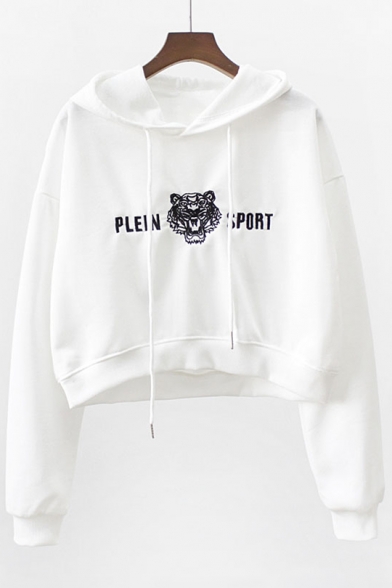 Tiger Letter Embroidered Long Sleeve Crop Hoodie