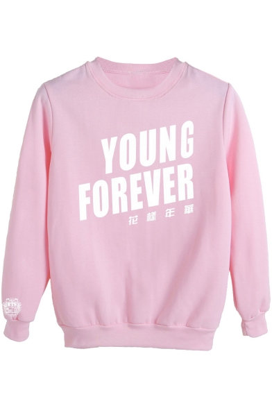 YOUNG FOREVER Letter Printed Round Neck Long Sleeve Sweatshirt