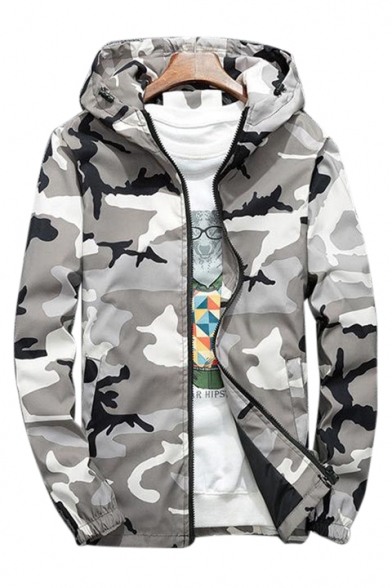 Zip Up Long Sleeve Camouflage Printed Hooded Jacket