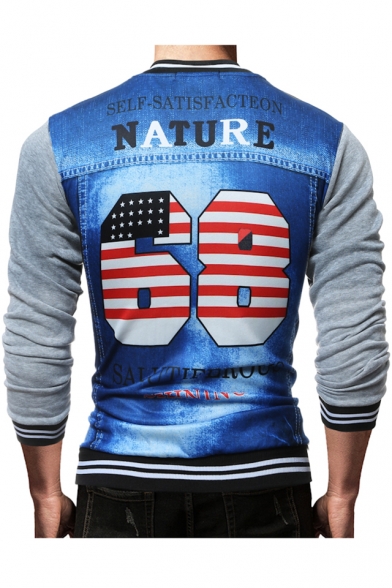 3D Color Block Letter Printed Stand Collar Long Sleeve Slim Zip Up Jacket