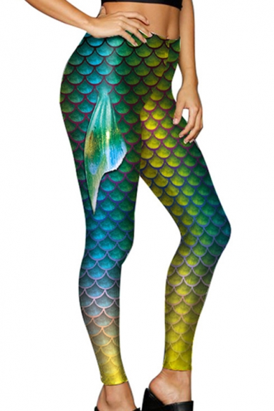 3D Fish Scale Printed Elastic Waist Skinny Leggings