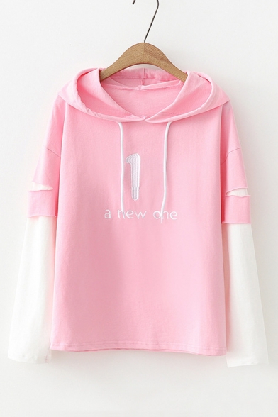 A NEW ONE Letter Embroidered Color Block Layered Long Sleeve Hoodie