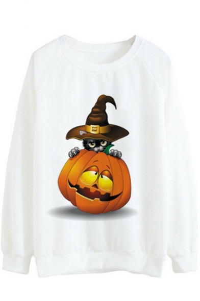 Cartoon Pumpkin Cat Printed Round Neck Long Sleeve Sweatshirt