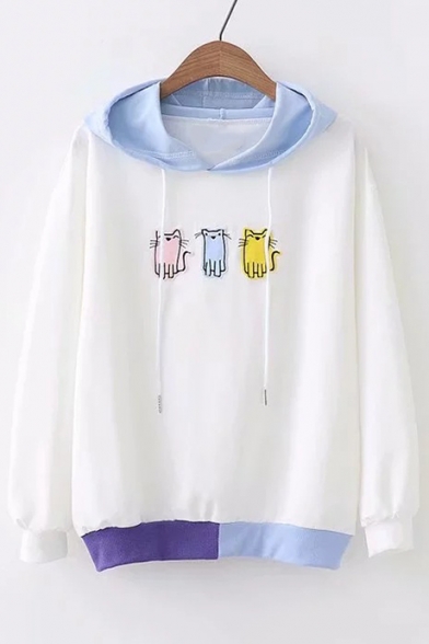 Cat Embroidered Applique Color Block Long Sleeve Hoodie
