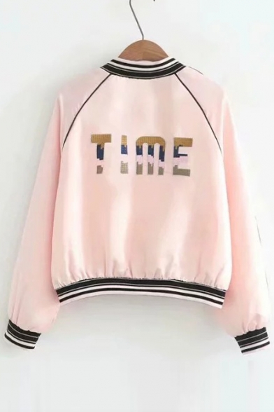 Contrast Piping Color Block S Letter Embroidered Stand Up Collar Zip Up Long Sleeve Baseball Jacket
