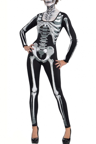 Cool Skeleton Printed Scoop Neck Long Sleeve Skinny Jumpsuit