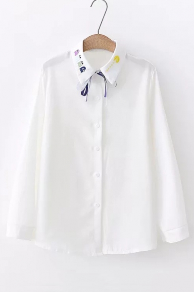 Cute Cartoon Embroidered Lapel Collar Button Front Long Sleeve Leisure Shirt