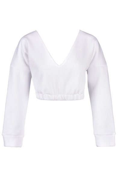 Elastic Waist Plain Long Sleeve V Neck Crop Sweatshirt