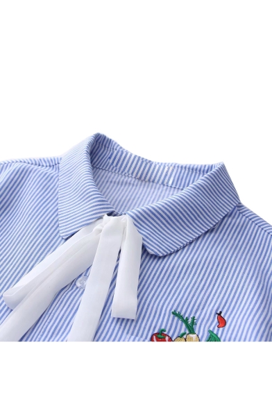 Fruit Embroidered Pocket Striped Printed Long Sleeve Bow Tie Lapel Collar Button Front Blouse