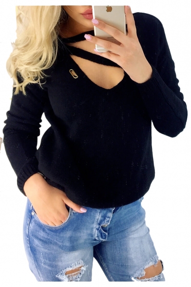 Hollow Out Front V Neck Long Sleeve Plain Ribbed Sweater