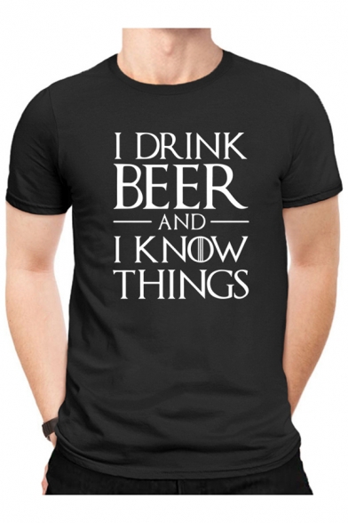 I DRINK BEER Letter Printed Round Neck Short Sleeve T-Shirt