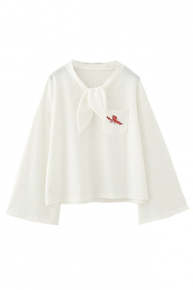Knotted Collar Long Sleeve Lobster Printed Chest Pocket Leisure Tee