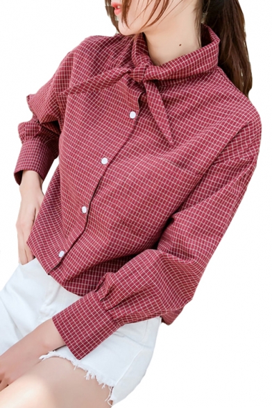 Knotted Collared Plaid Printed Long Sleeve Button Up Shirt