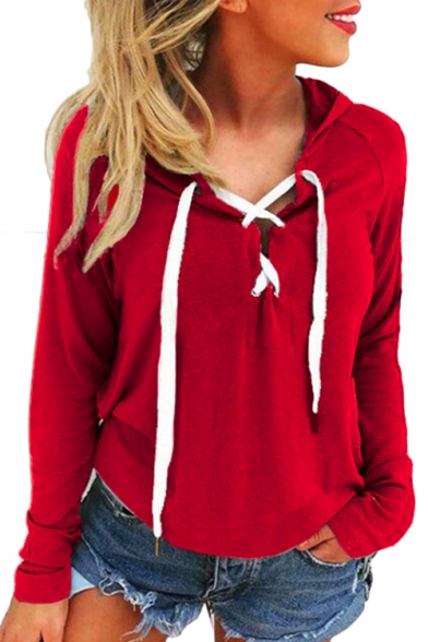 Lace Up Front Plain Long Sleeve Chic Hoodie
