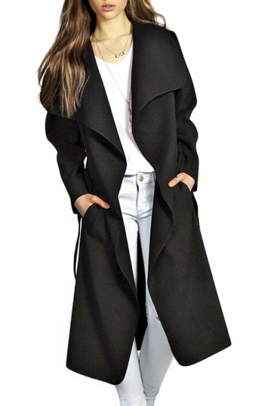 Lapel Collar Long Sleeve Tunic Trench Coat with Belt