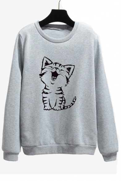 Lovely Cat Printed Long Sleeve Round Neck Leisure Pullover Sweatshirt