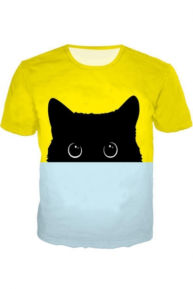Lovely Color Block Cat Printed Short Sleeve Round Neck T-Shirt