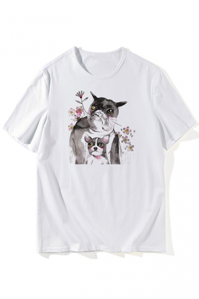 Lovely Floral Dog Printed Round Neck Short Sleeve T-Shirt