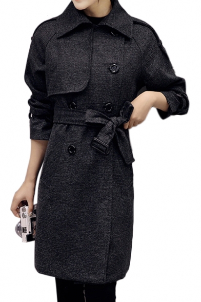 Trendy Lapel Collar Long Sleeve Double Breasted Plain Coat