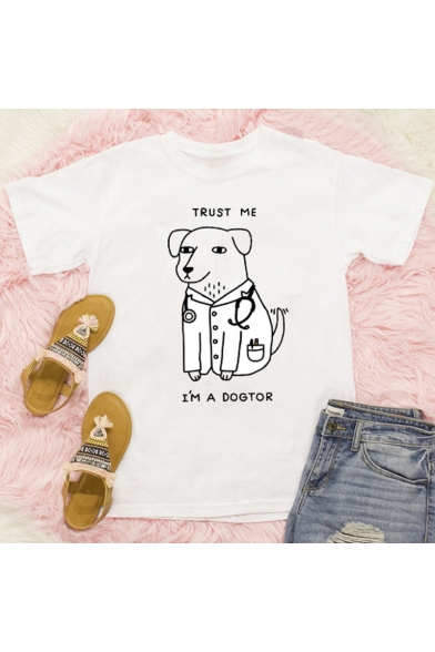 TRUST ME Letter Dog Printed Round Neck Short Sleeve T-Shirt
