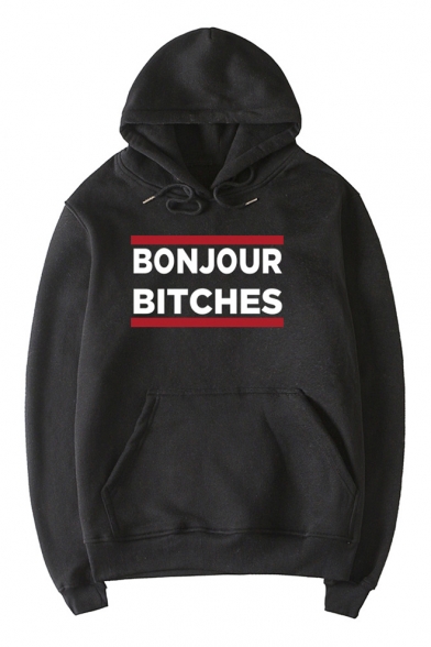 BONJOUR Letter Graphic Printed Long Sleeve Loose Casual Hoodie
